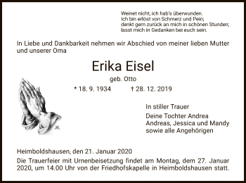 Traueranzeige von Erika Eisel von Hersfeld