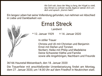 Traueranzeige von Ernst Streck von Hersfeld