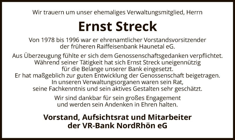  Traueranzeige für Ernst Streck vom 18.01.2020 aus Hersfeld