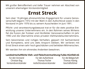 Traueranzeige von Ernst Streck von Hersfeld