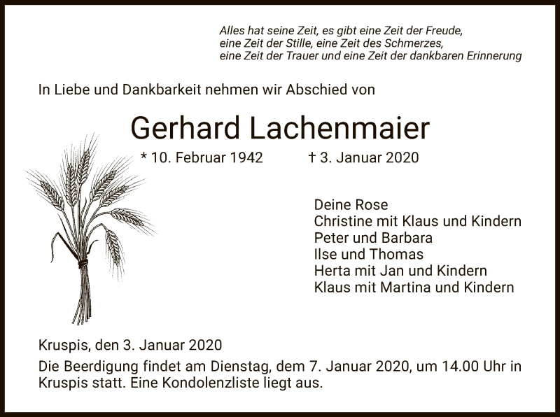  Traueranzeige für Gerhard Lachenmaier vom 04.01.2020 aus Hersfeld