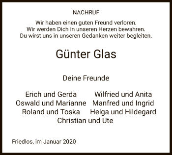 Traueranzeige von Günter Glas von Hersfeld