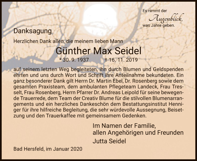  Traueranzeige für Günther Max Seidel vom 04.01.2020 aus Hersfeld