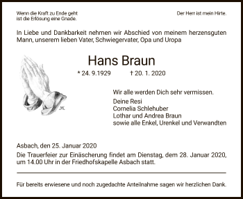Traueranzeige von Hans Braun von Hersfeld