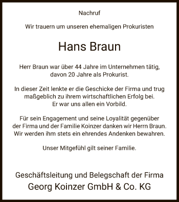 Traueranzeige von Hans Braun von Hersfeld