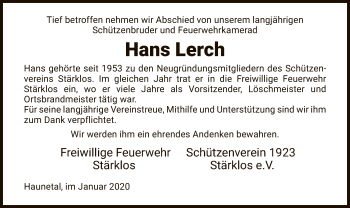 Traueranzeige von Hans Lerch von Hersfeld