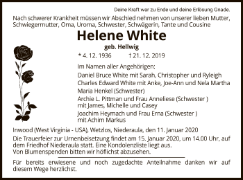 Traueranzeige von Helene White von Hersfeld