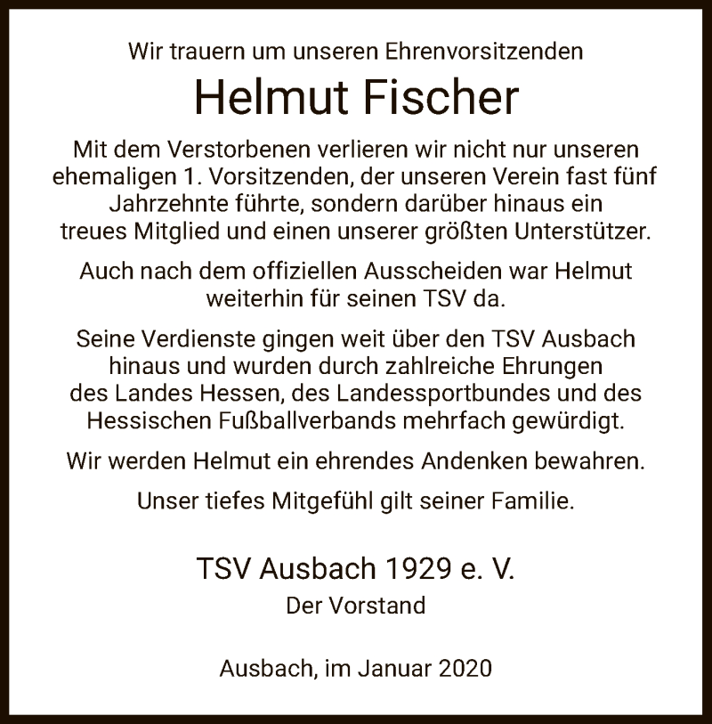  Traueranzeige für Helmut Fischer vom 24.01.2020 aus Hersfeld