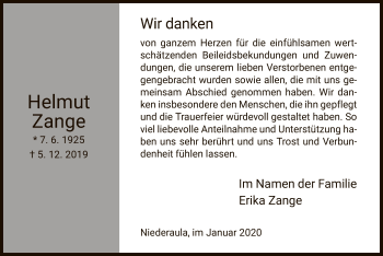 Traueranzeige von Helmut Zange von Hersfeld