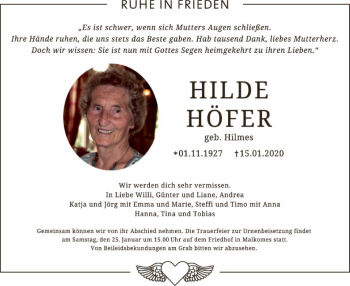 Traueranzeige von Hilde Höfer von Hersfeld