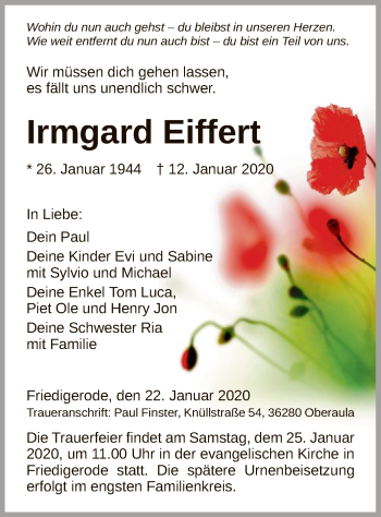 Traueranzeige von Irmgard Eiffert von Hersfeld