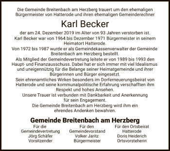 Traueranzeige von Karl Becker von Hersfeld