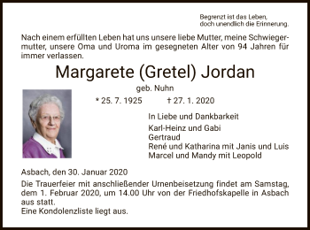 Traueranzeige von Margarete Jordan von Hersfeld