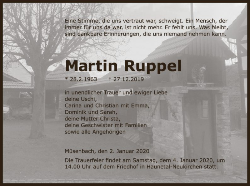  Traueranzeige für Martin Ruppel vom 02.01.2020 aus Hersfeld