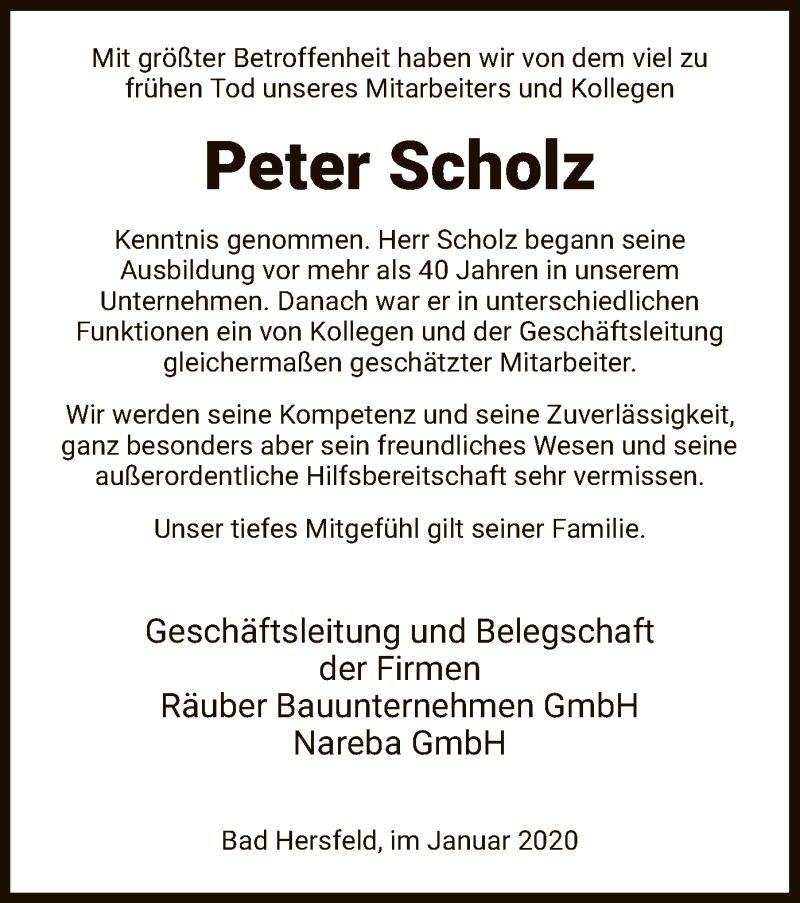  Traueranzeige für Peter Scholz vom 22.01.2020 aus Hersfeld