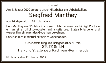 Traueranzeige von Siegfried Manthey von Hersfeld