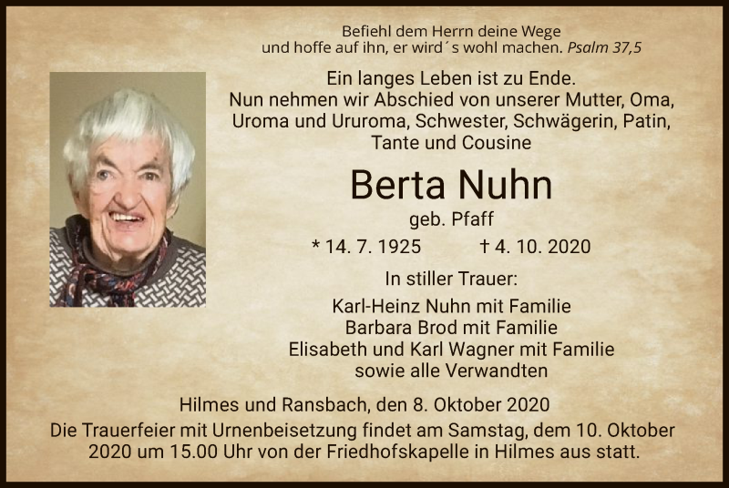  Traueranzeige für Berta Nuhn vom 08.10.2020 aus HZ