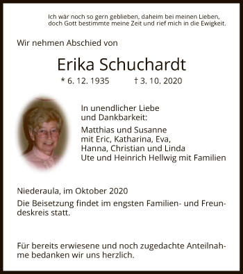Traueranzeige von Erika Schuchardt von HZ