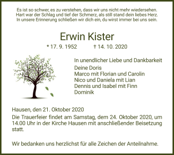 Traueranzeige von Erwin Kister von HZ