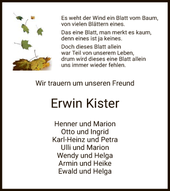 Traueranzeige von Erwin Kister von HZ