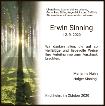 Traueranzeige von Erwin Sinning von HZ