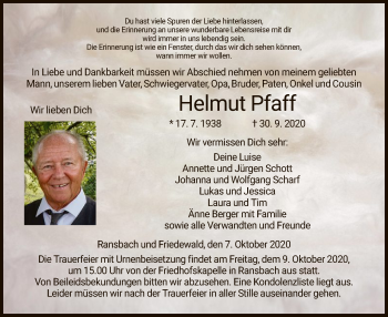 Traueranzeige von Helmut Pfaff von HZ