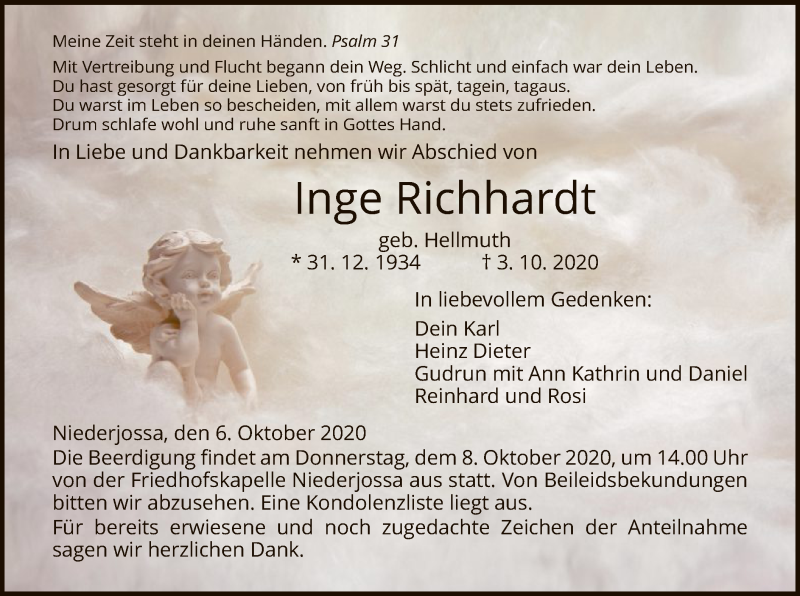  Traueranzeige für Inge Richhardt vom 06.10.2020 aus HZ