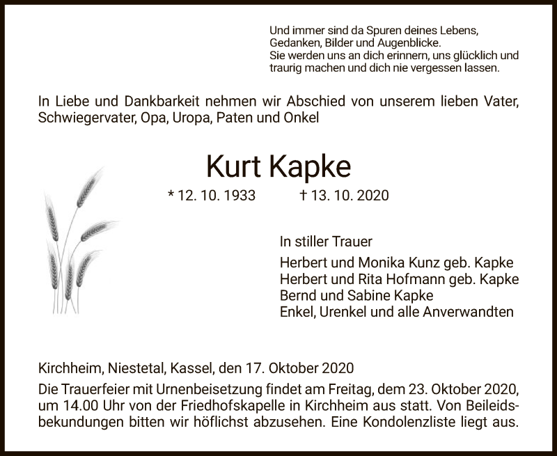  Traueranzeige für Kurt Kapke vom 17.10.2020 aus HZ