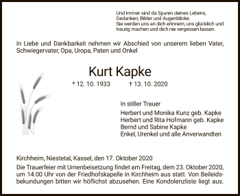 Traueranzeige von Kurt Kapke von HZ