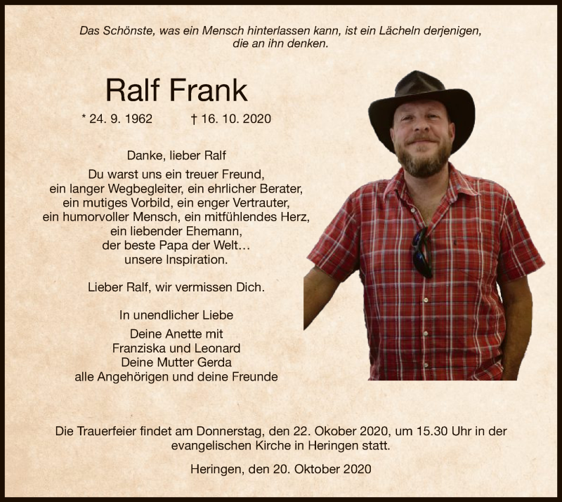  Traueranzeige für Ralf Frank vom 20.10.2020 aus HZ