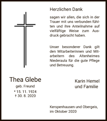 Traueranzeige von Thea Glebe von HZ