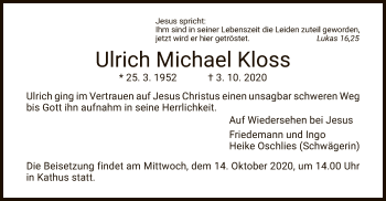 Traueranzeige von Urlich Michael Kloss von HZ