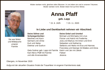 Traueranzeige von Anna Pfaff von HZ