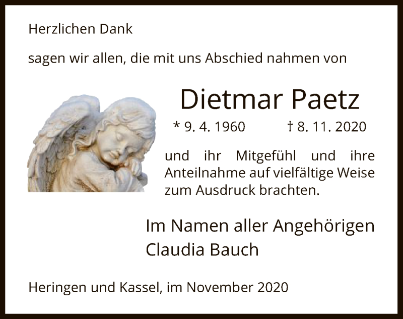  Traueranzeige für Dietmar Paetz vom 28.11.2020 aus HZ