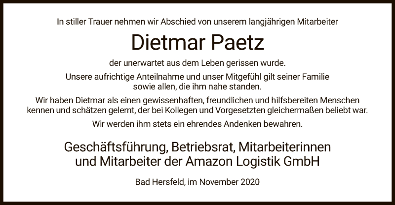  Traueranzeige für Dietmar Paetz vom 18.11.2020 aus HZ