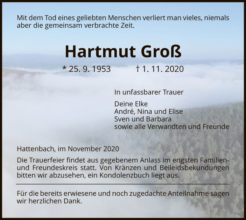  Traueranzeige für Hartmut Groß vom 07.11.2020 aus HZ