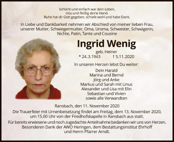 Traueranzeige von Ingrid Wenig von HZ