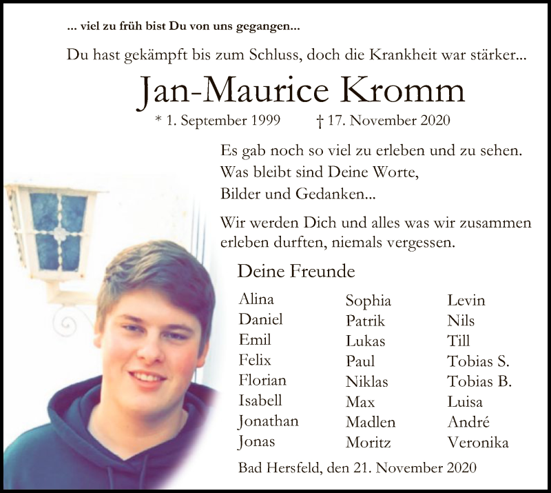  Traueranzeige für Jan-Maurice Kromm vom 21.11.2020 aus HZ