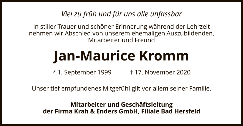  Traueranzeige für Jan-Maurice Kromm vom 26.11.2020 aus HZ