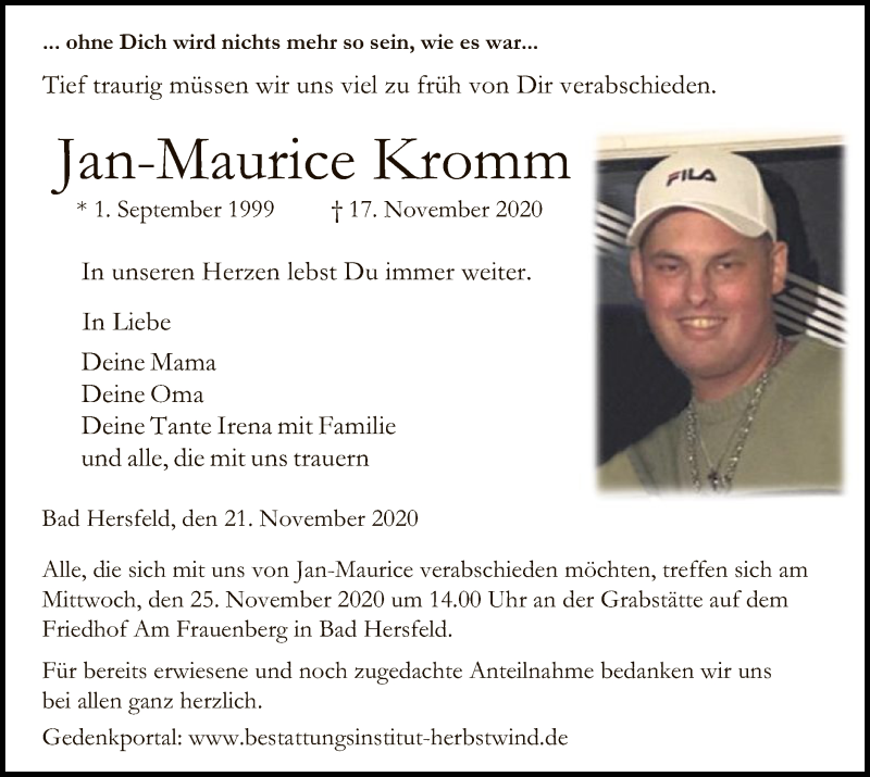  Traueranzeige für Jan-Maurice Kromm vom 21.11.2020 aus HZ