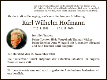 Traueranzeige von Karl Wilhelm Hofmann von HZ