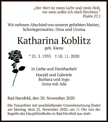 Traueranzeige von Katharina Koblitz von HZ