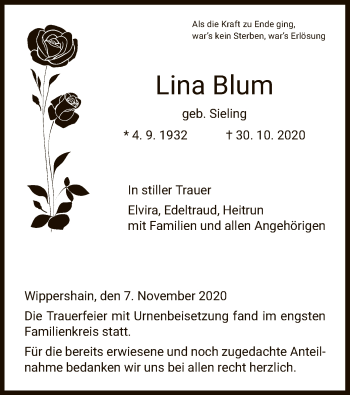 Traueranzeige von Lina Blum von HZ