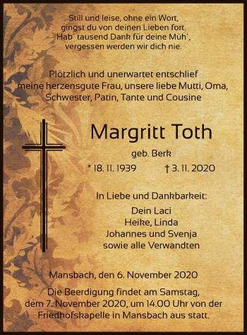 Traueranzeige von Margritt Toth von HZ