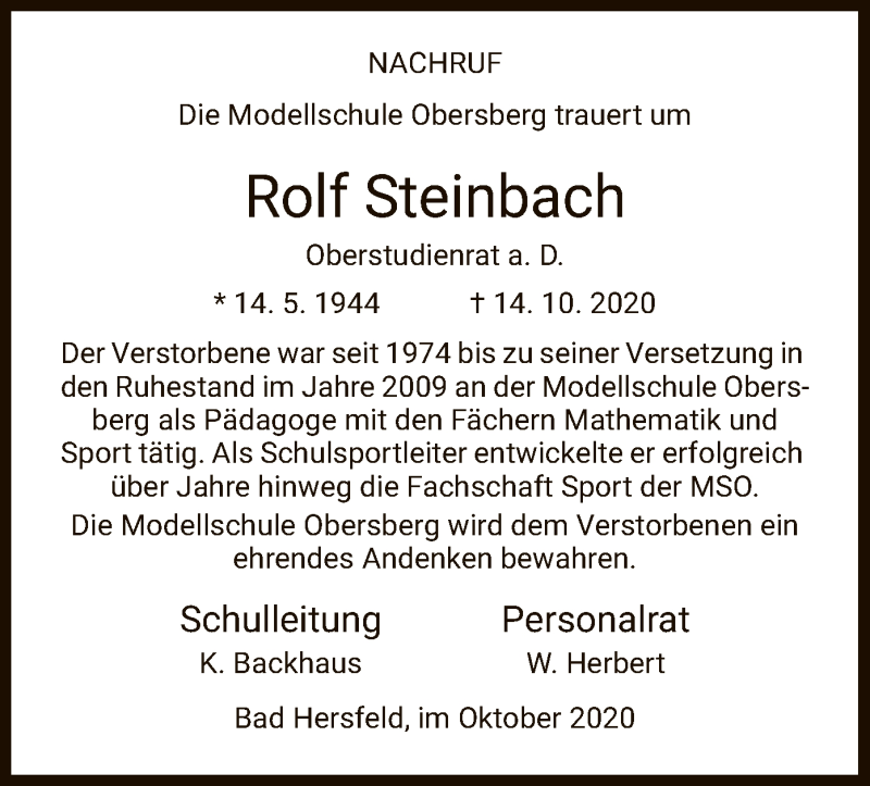  Traueranzeige für Rolf Steinbach vom 07.11.2020 aus HZ