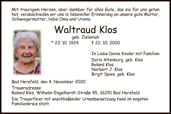 Traueranzeige von Waltraud Klos von HZ