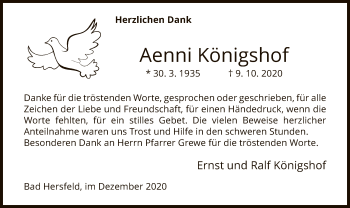 Traueranzeige von Aenni Königshof von HZ