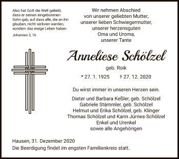 Traueranzeige von Anneliese Schölzel von HNA