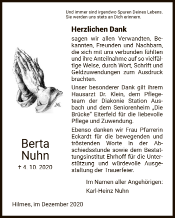 Traueranzeige von Berta Nuhn von HZ