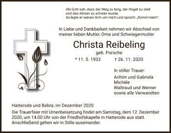 Traueranzeige von Christa Reibeling von HZ